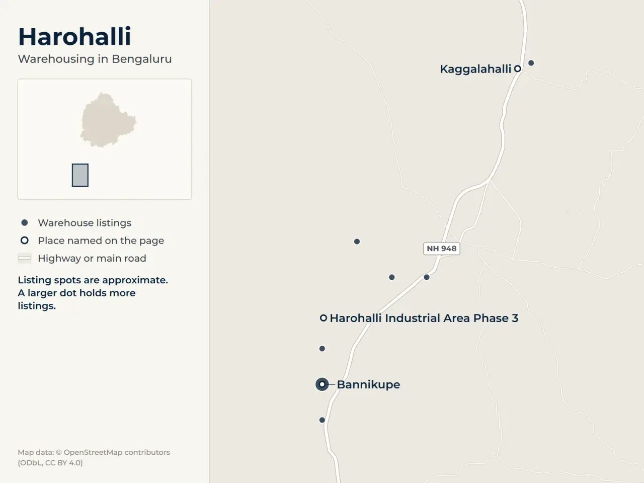 Map of Harohalli, Bengaluru, showing where WareOnGo's warehouse listings sit around Harohalli Industrial Area Phase 3, Bannikupe and Kaggalahalli