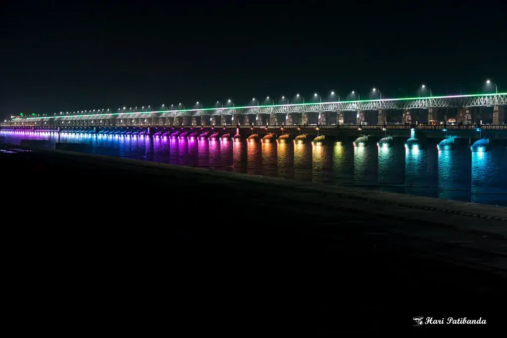 Prakasam Barrage in Vijayawada lit at night