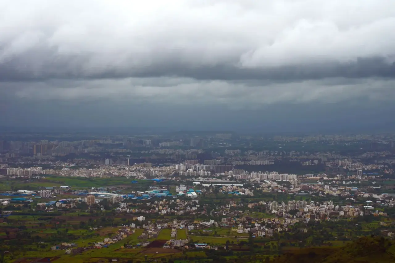 Aerial view of Pune under monsoon clouds