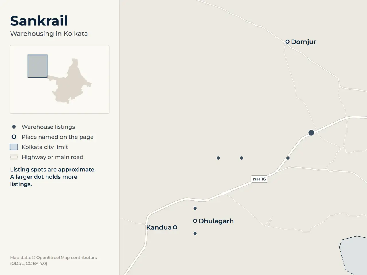 Map of Sankrail, Kolkata, showing where WareOnGo's warehouse listings sit around Dhulagarh, Domjur and Kandua