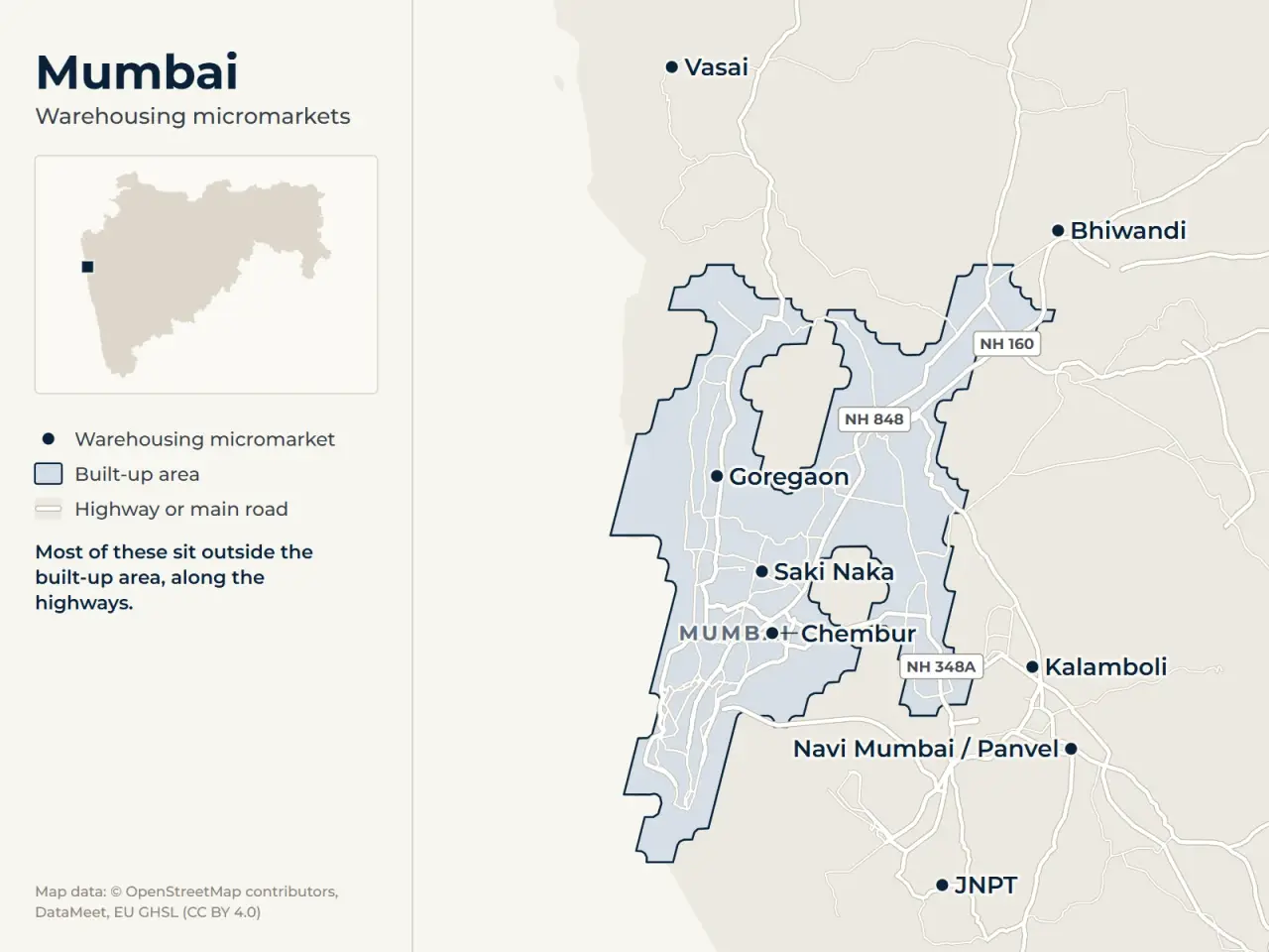 Map of Mumbai marking its warehousing micromarkets: Saki Naka, Chembur, Goregaon, Vasai, Bhiwandi, Navi Mumbai / Panvel, Kalamboli and JNPT