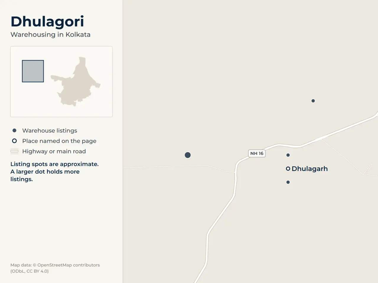 Map of Dhulagori, Kolkata, showing where WareOnGo's warehouse listings sit around Dhulagarh