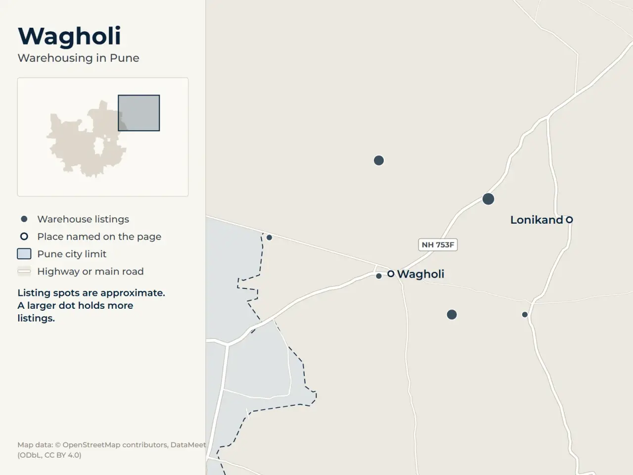 Map of Wagholi, Pune, showing where WareOnGo's warehouse listings sit around Wagholi and Lonikand