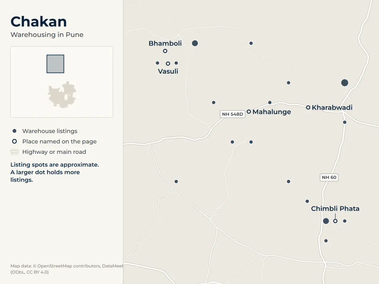 Map of Chakan, Pune, showing where WareOnGo's warehouse listings sit around Bhamboli, Mahalunge, Vasuli, Chimbli Phata and Kharabwadi