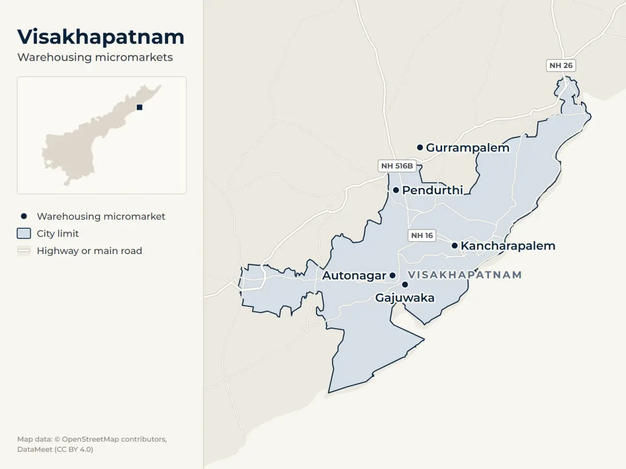 Map of Visakhapatnam marking its warehousing micromarkets: Gajuwaka, Autonagar, Kancharapalem, Pendurthi and Gurrampalem