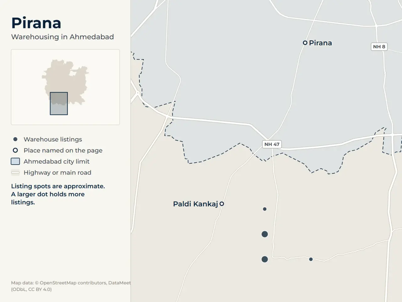 Map of Pirana, Ahmedabad, showing where WareOnGo's warehouse listings sit around Pirana and Paldi Kankaj