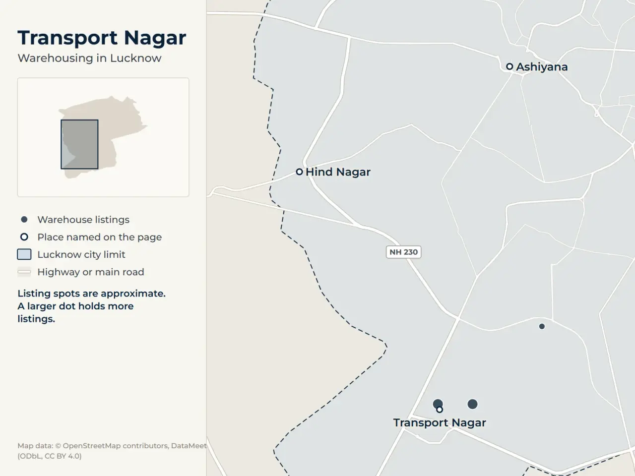 Map of Transport Nagar, Lucknow, showing where WareOnGo's warehouse listings sit around Transport Nagar, Hind Nagar and Ashiyana