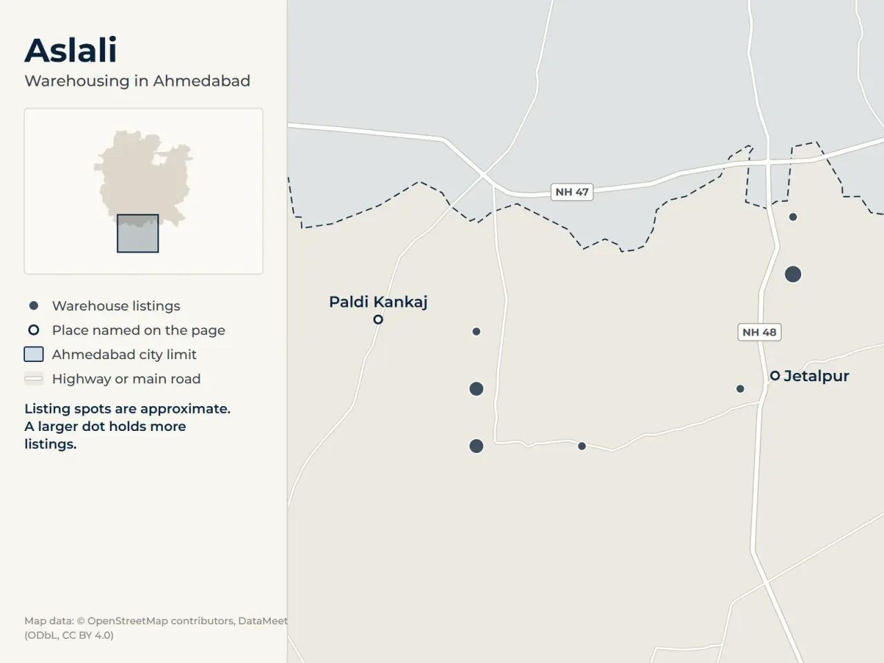 Map of Aslali, Ahmedabad, showing where WareOnGo's warehouse listings sit around Jetalpur and Paldi Kankaj