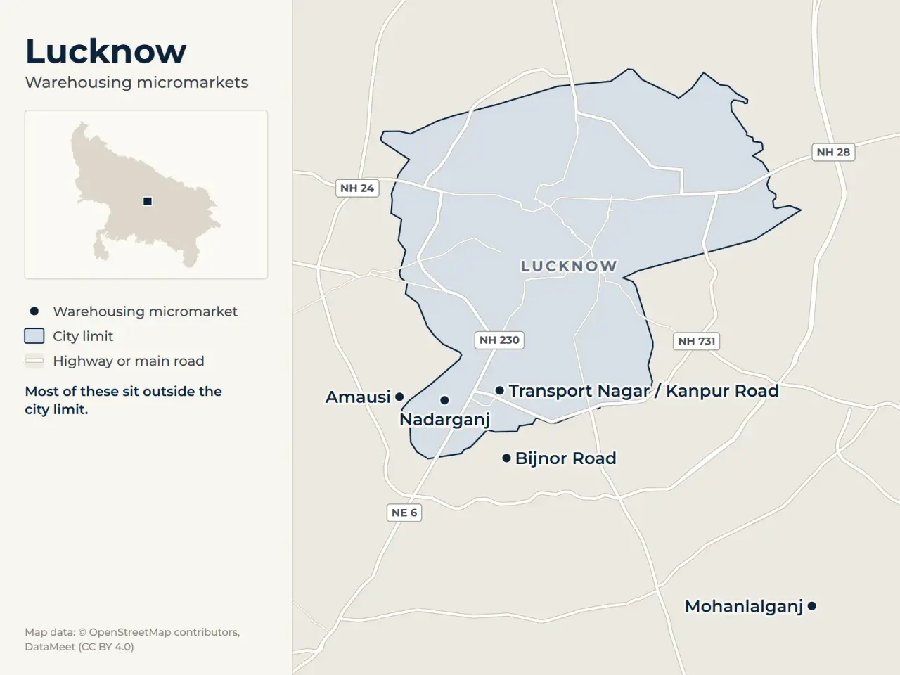 Map of Lucknow marking its warehousing micromarkets: Nadarganj, Amausi, Bijnor Road, Transport Nagar / Kanpur Road and Mohanlalganj