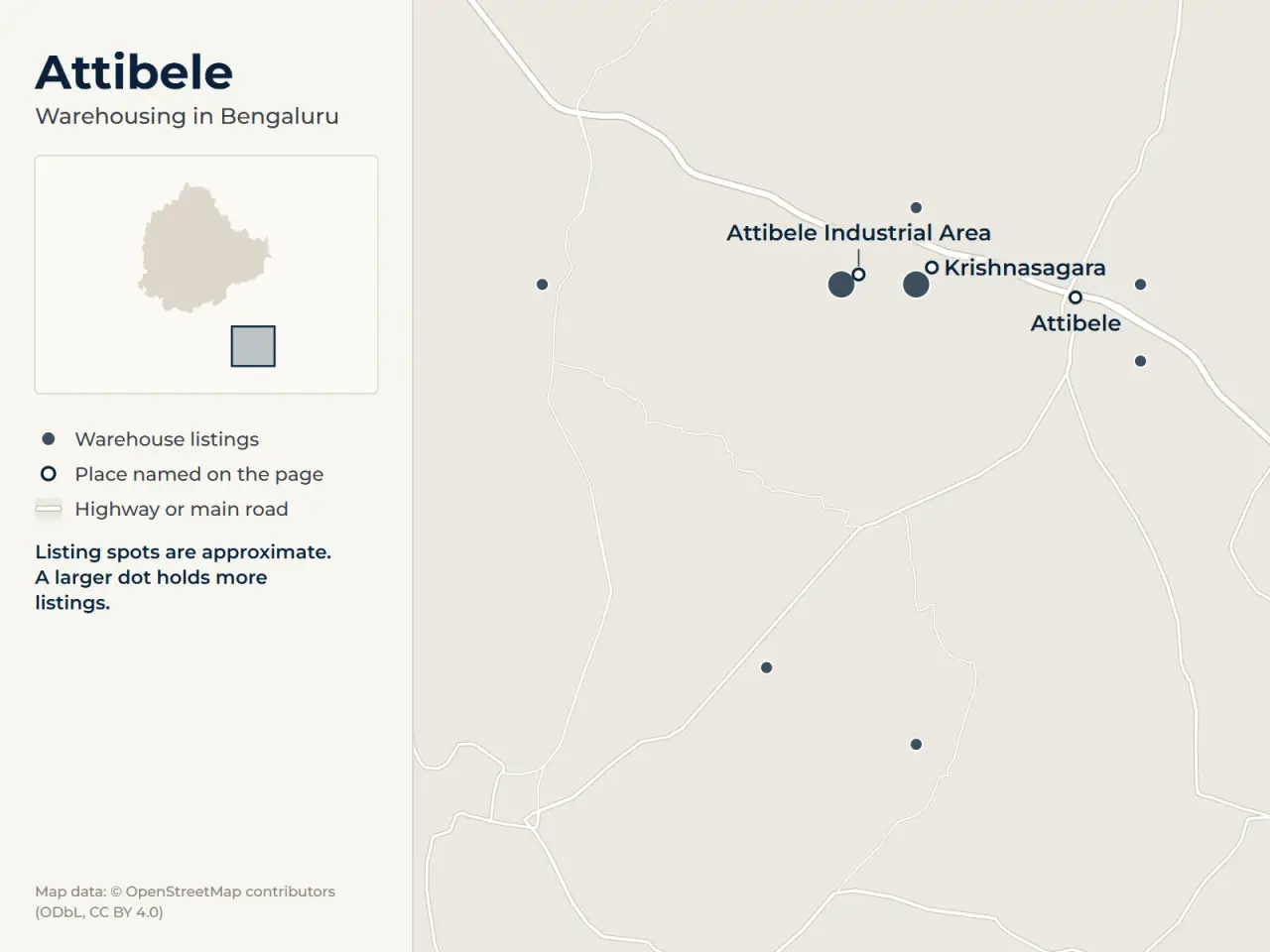 Map of Attibele, Bengaluru, showing where WareOnGo's warehouse listings sit around Attibele Industrial Area, Attibele and Krishnasagara