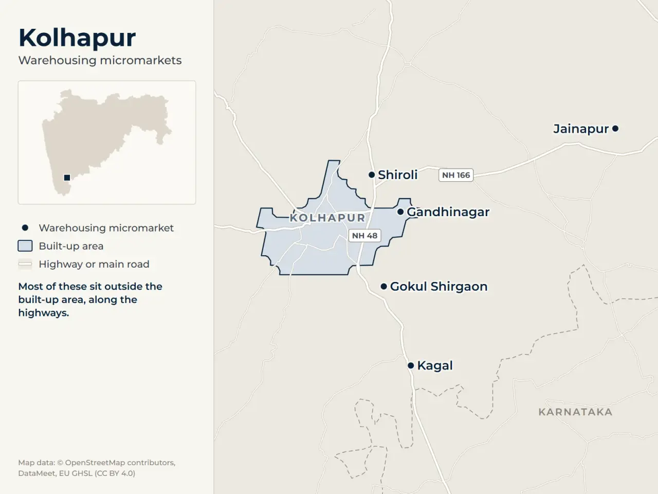 Map of Kolhapur marking its warehousing micromarkets: Shiroli, Gokul Shirgaon, Kagal, Jainapur and Gandhinagar