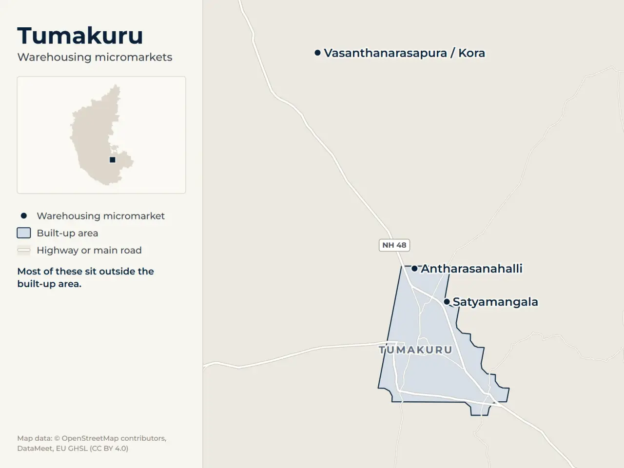 Map of Tumakuru marking its warehousing micromarkets: Vasanthanarasapura / Kora, Antharasanahalli and Satyamangala