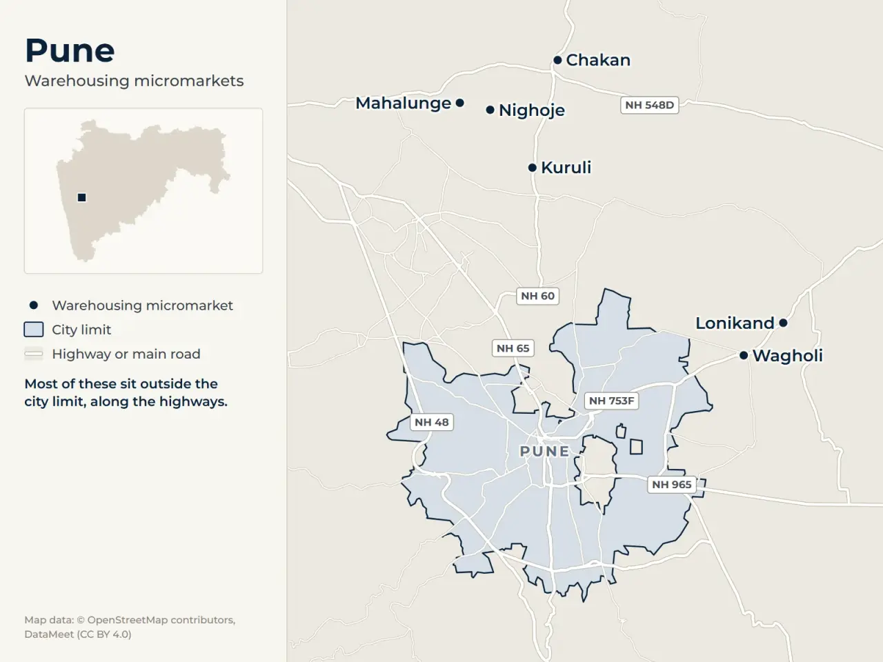 Map of Pune marking its warehousing micromarkets: Chakan, Kuruli, Mahalunge, Nighoje, Wagholi and Lonikand