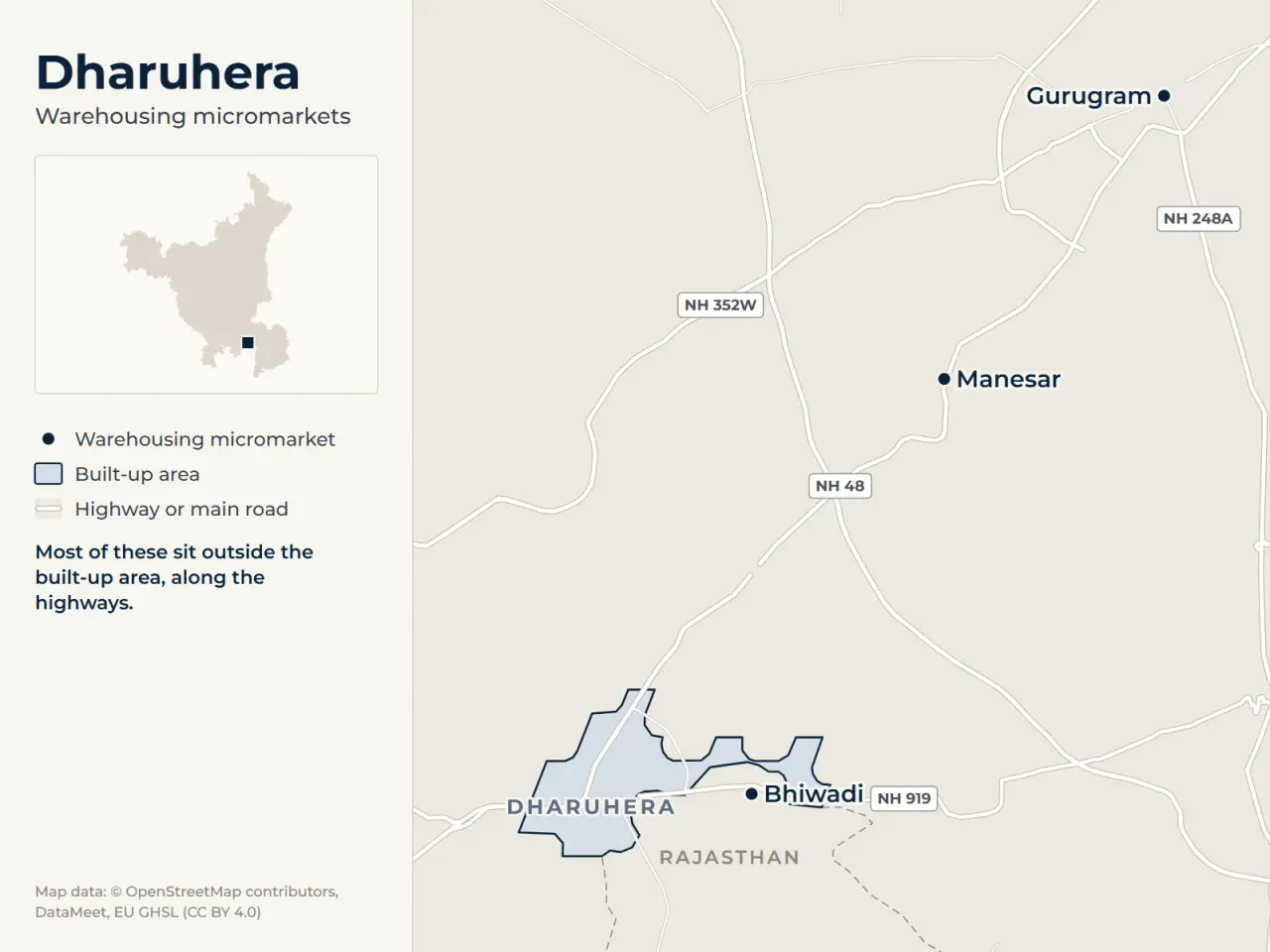 Map of Dharuhera marking its warehousing micromarkets: Gurugram, Manesar and Bhiwadi
