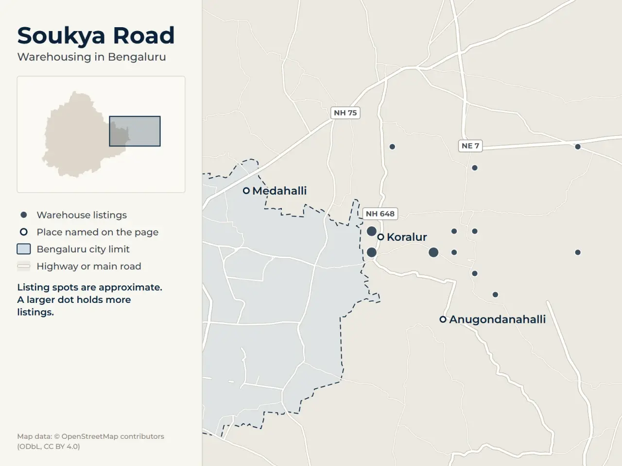 Map of Soukya Road, Bengaluru, showing where WareOnGo's warehouse listings sit around Koralur, Medahalli and Anugondanahalli