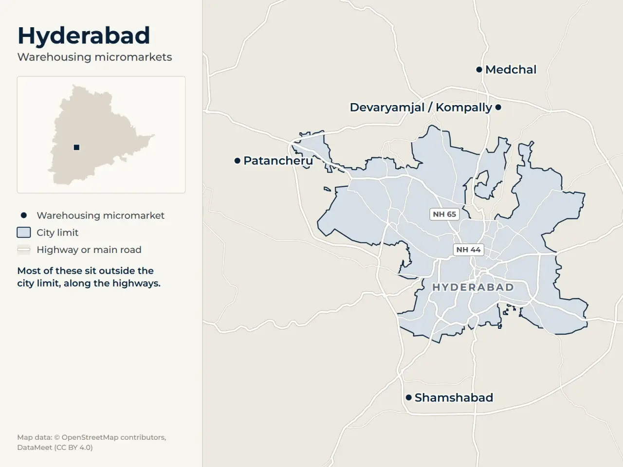 Map of Hyderabad marking its warehousing micromarkets: Medchal, Devaryamjal / Kompally, Shamshabad and Patancheru