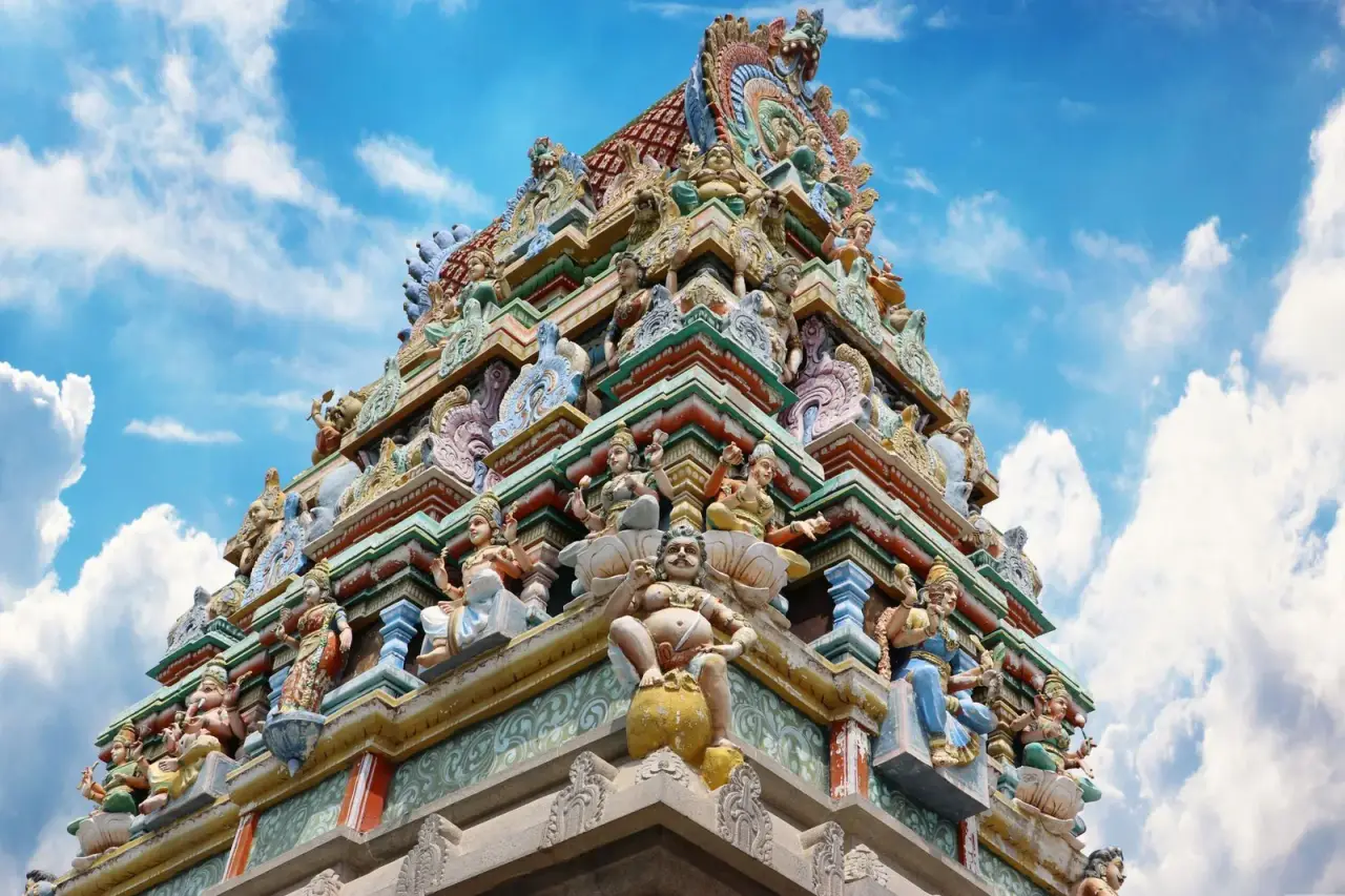 Temple gopuram against a blue sky in Salem