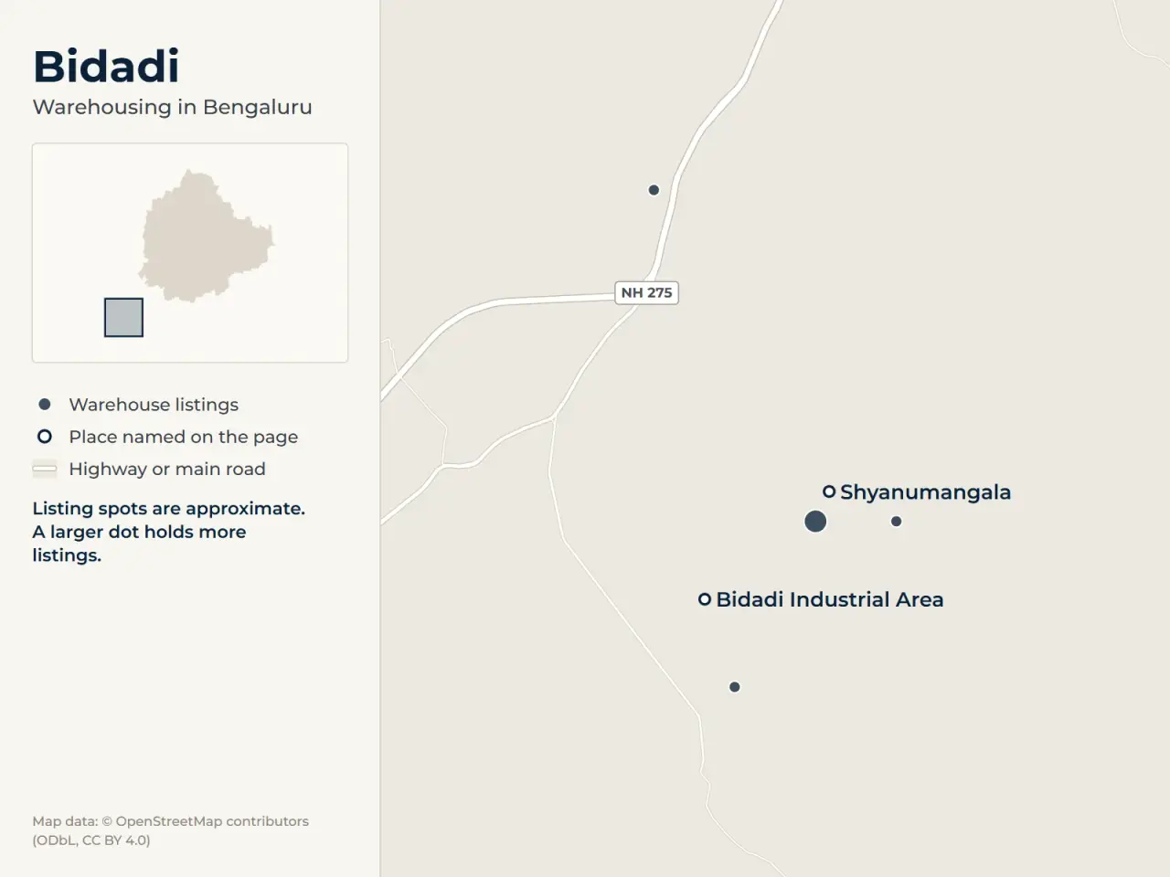 Map of Bidadi, Bengaluru, showing where WareOnGo's warehouse listings sit around Shyanumangala and Bidadi Industrial Area