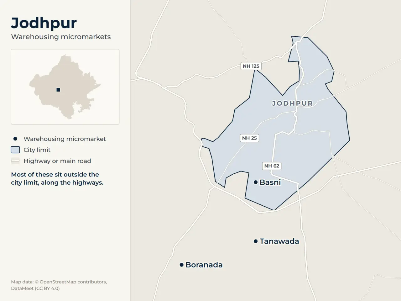 Map of Jodhpur marking its warehousing micromarkets: Basni, Tanawada and Boranada