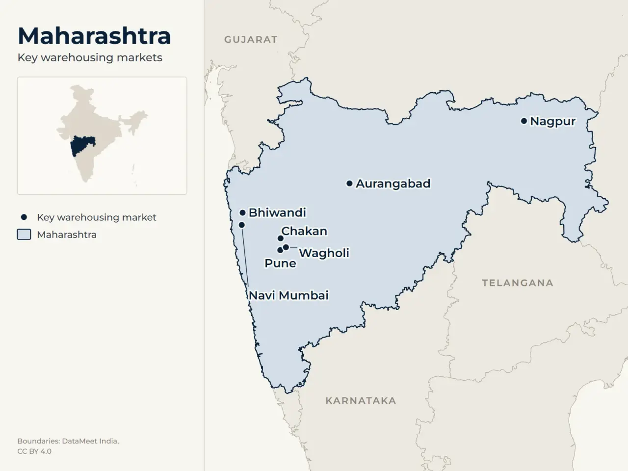 Map of Maharashtra marking its main warehousing markets: Bhiwandi, Pune, Chakan, Wagholi, Navi Mumbai, Nagpur and Aurangabad