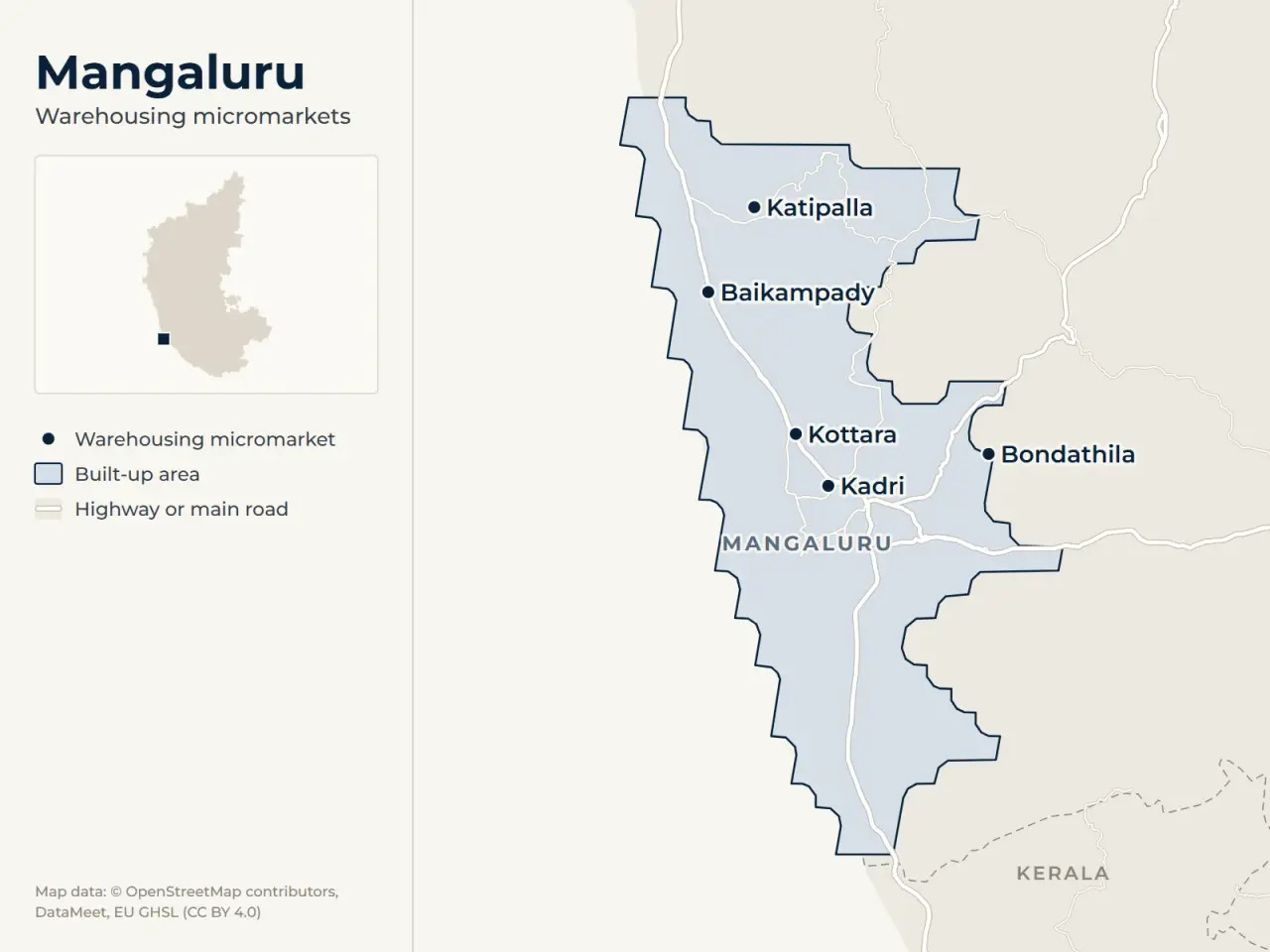 Map of Mangaluru marking its warehousing micromarkets: Baikampady, Katipalla, Bondathila, Kottara and Kadri