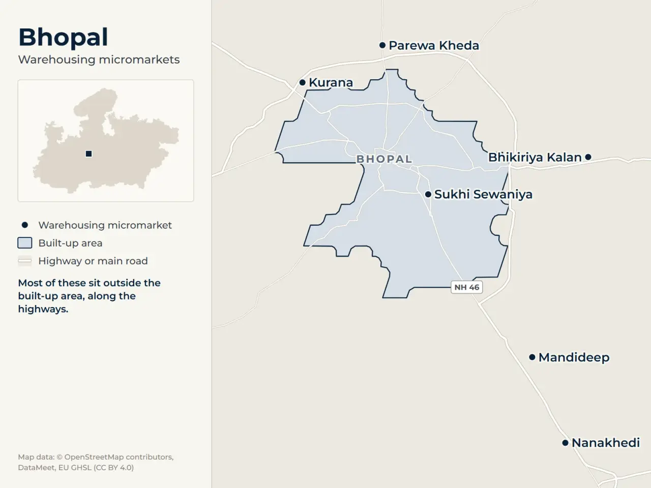 Map of Bhopal marking its warehousing micromarkets: Mandideep, Nanakhedi, Sukhi Sewaniya, Bhikiriya Kalan, Kurana and Parewa Kheda