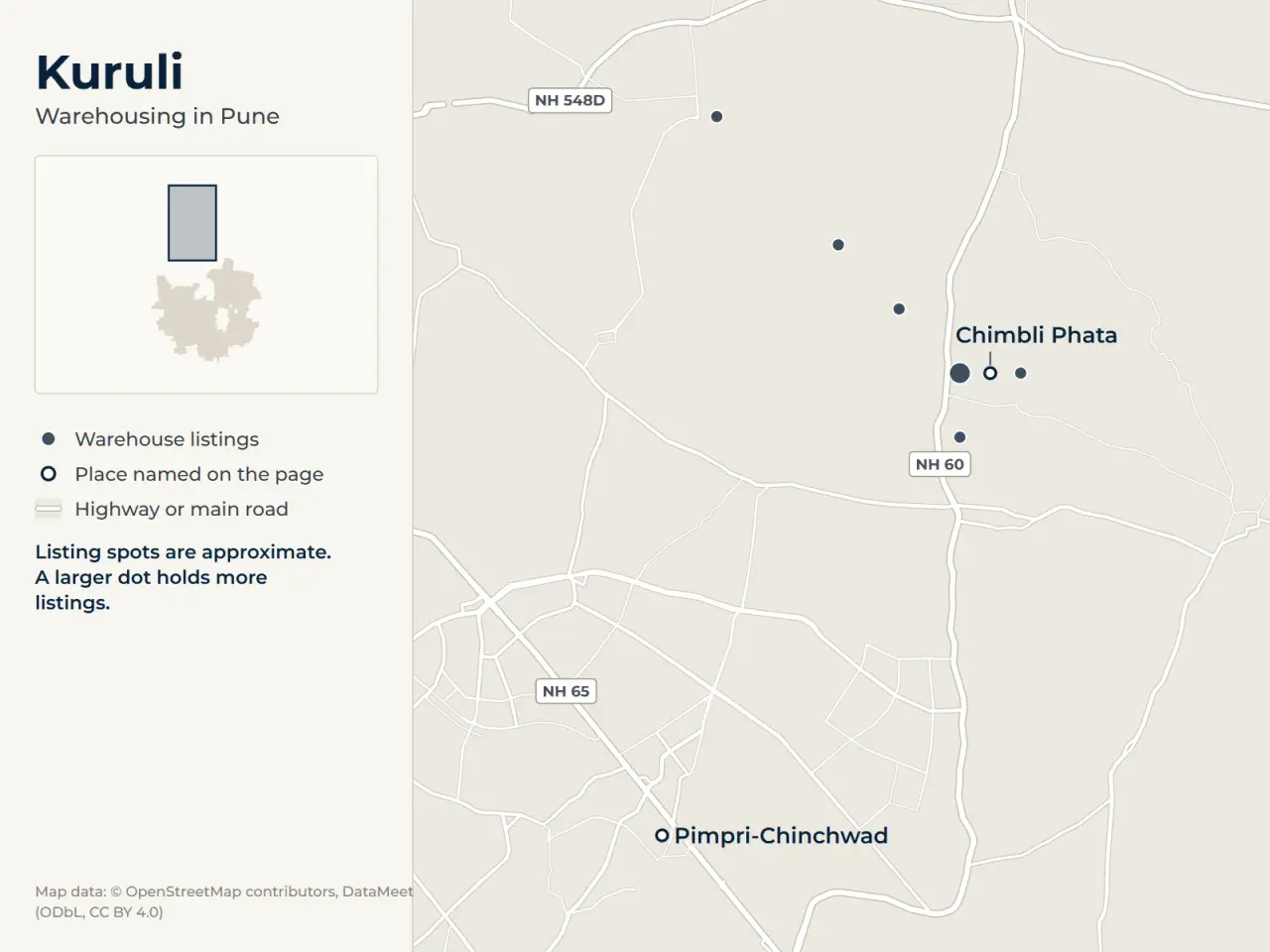 Map of Kuruli, Pune, showing where WareOnGo's warehouse listings sit around Pimpri-Chinchwad and Chimbli Phata