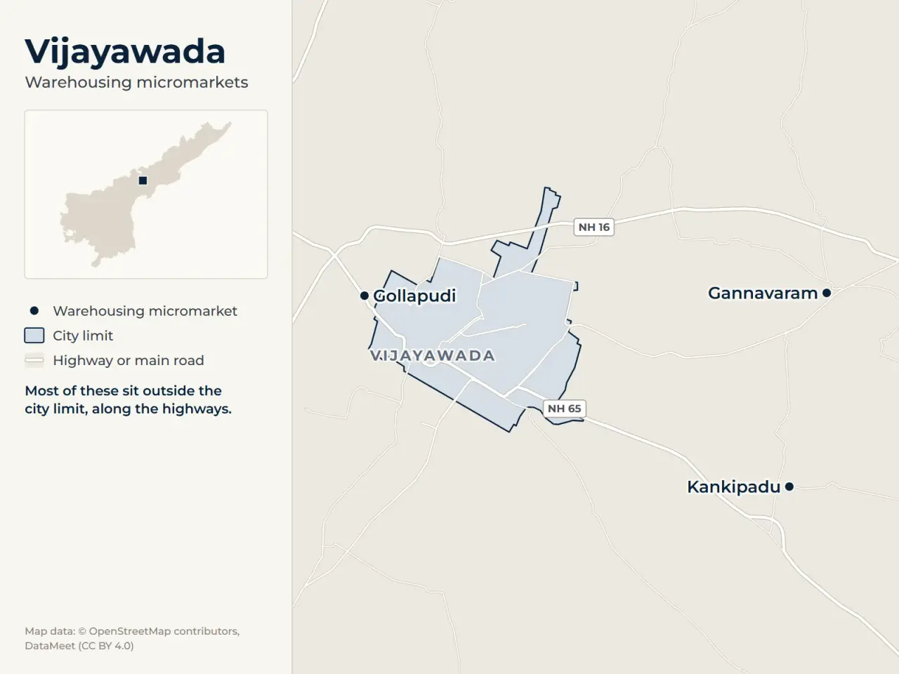 Map of Vijayawada marking its warehousing micromarkets: Gannavaram, Gollapudi and Kankipadu