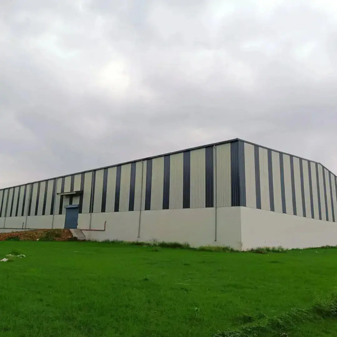 Exterior view of a striped metal warehouse building with a small door, concrete base, grassy foreground, and cloudy sky.