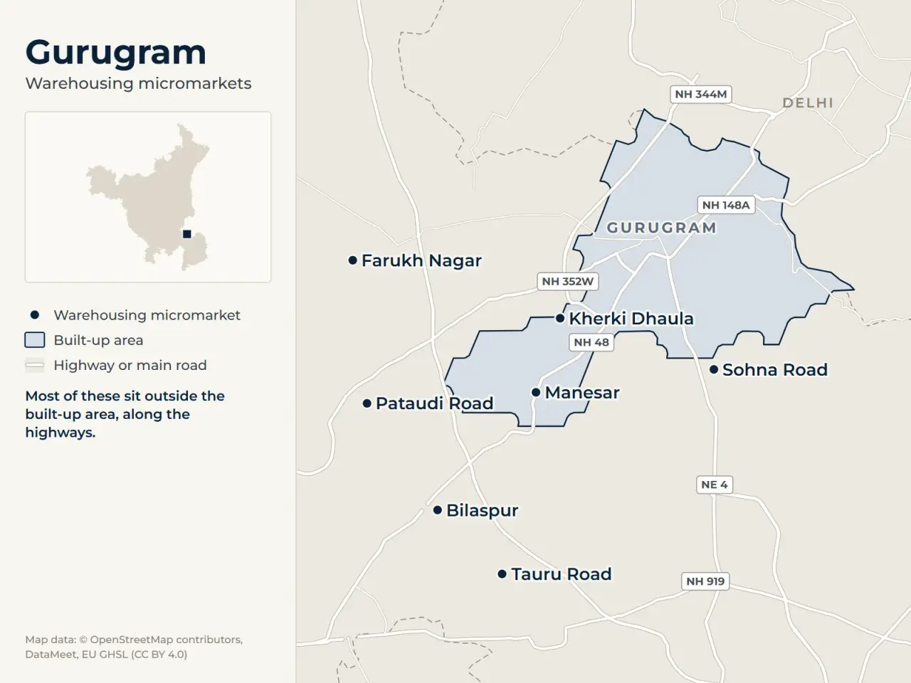 Map of Gurugram marking its warehousing micromarkets: Pataudi Road, Farukh Nagar, Bilaspur, Tauru Road, Sohna Road, Manesar and Kherki Dhaula