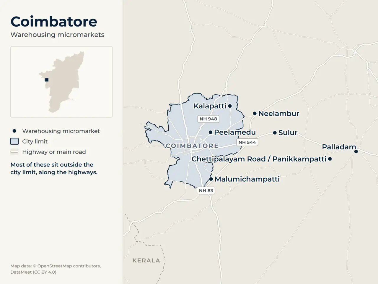 Map of Coimbatore marking its warehousing micromarkets: Neelambur, Sulur, Palladam, Chettipalayam Road / Panikkampatti, Malumichampatti, Kalapatti and Peelamedu