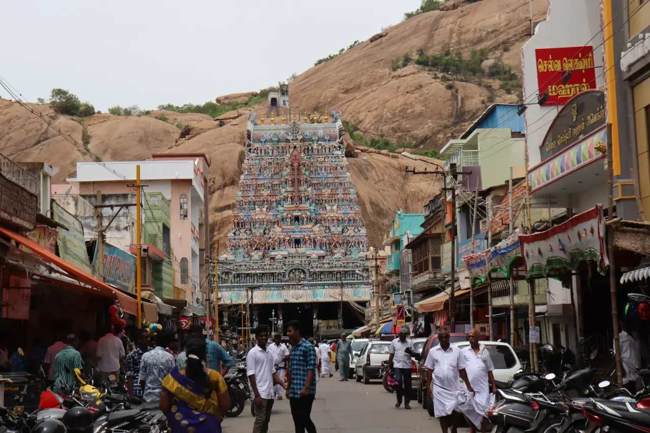 Busy Madurai street leading to a temple gopuram