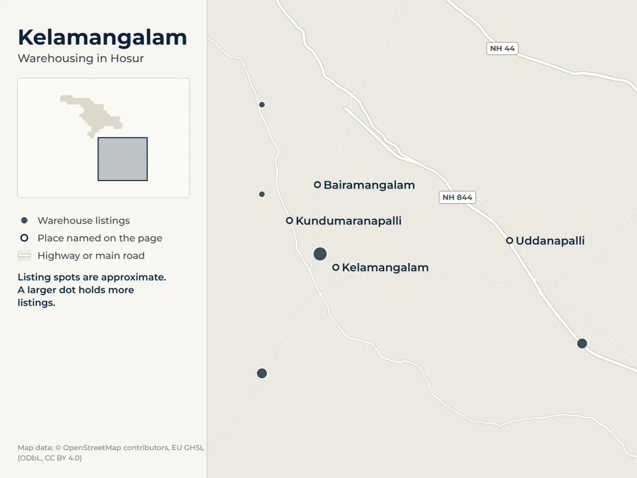 Map of Kelamangalam, Hosur, showing where WareOnGo's warehouse listings sit around Kelamangalam, Uddanapalli, Bairamangalam and Kundumaranapalli