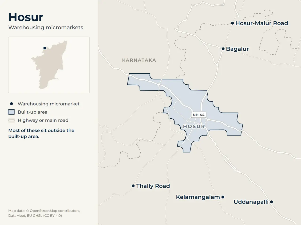 Map of Hosur marking its warehousing micromarkets: Kelamangalam, Uddanapalli, Bagalur, Hosur-Malur Road and Thally Road