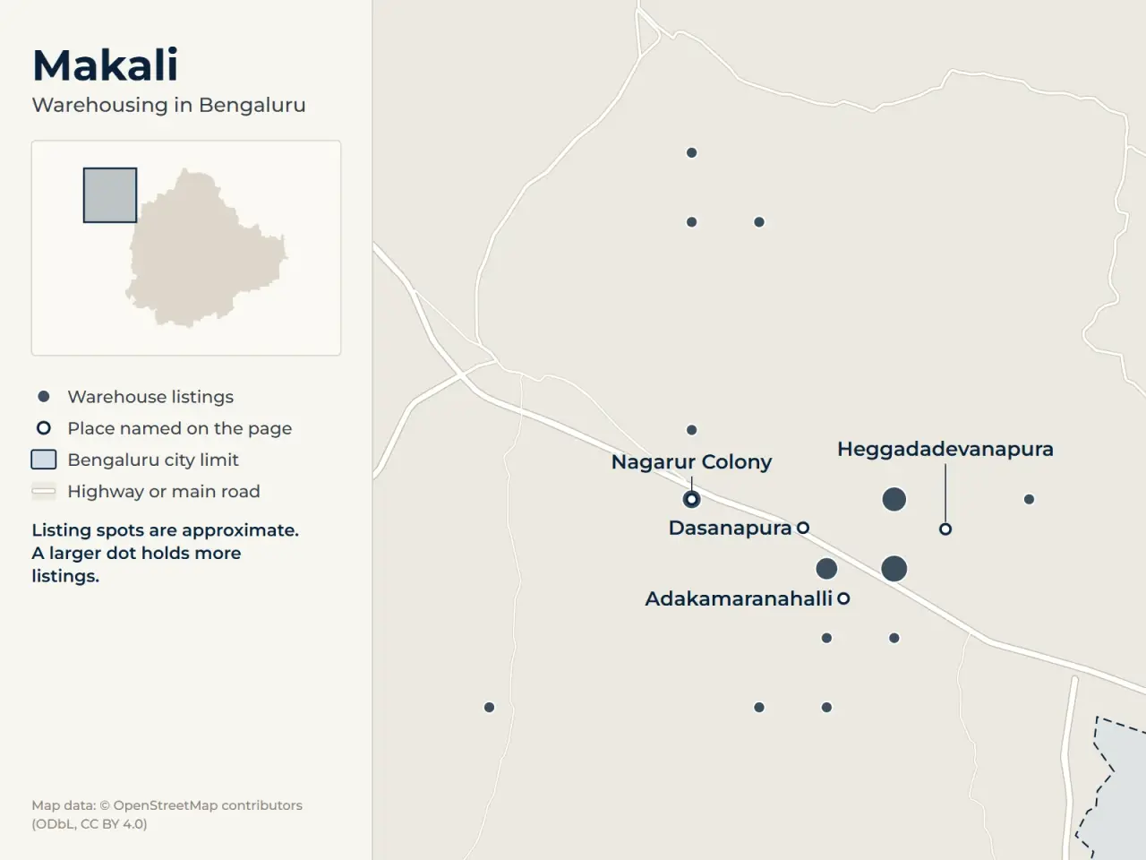 Map of Makali, Bengaluru, showing where WareOnGo's warehouse listings sit around Dasanapura, Heggadadevanapura, Adakamaranahalli and Nagarur Colony